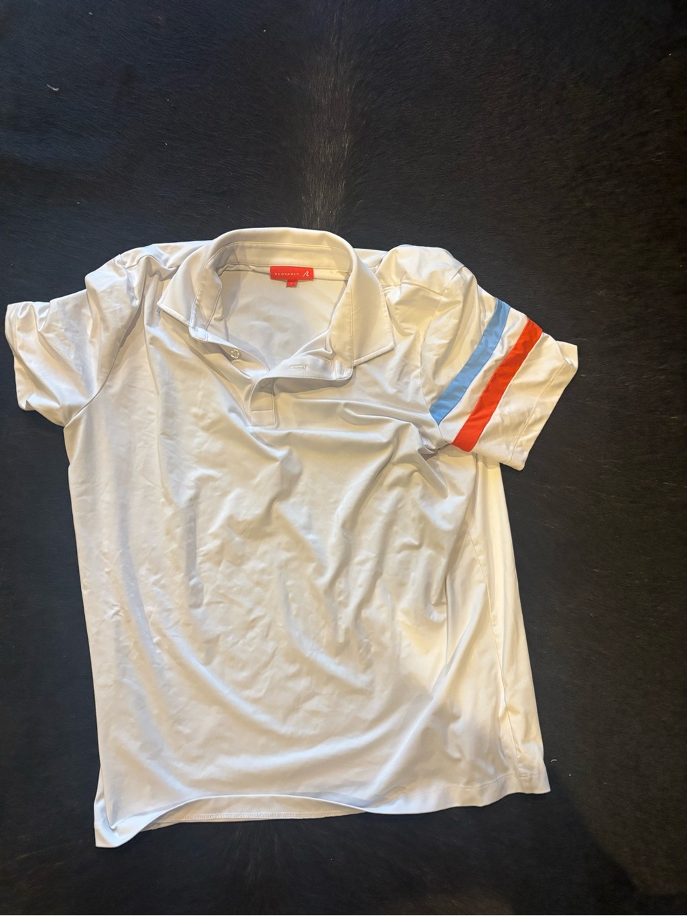 White Redvanly Men’s Polo Shirt with Blue & Red Sleeve Stripes